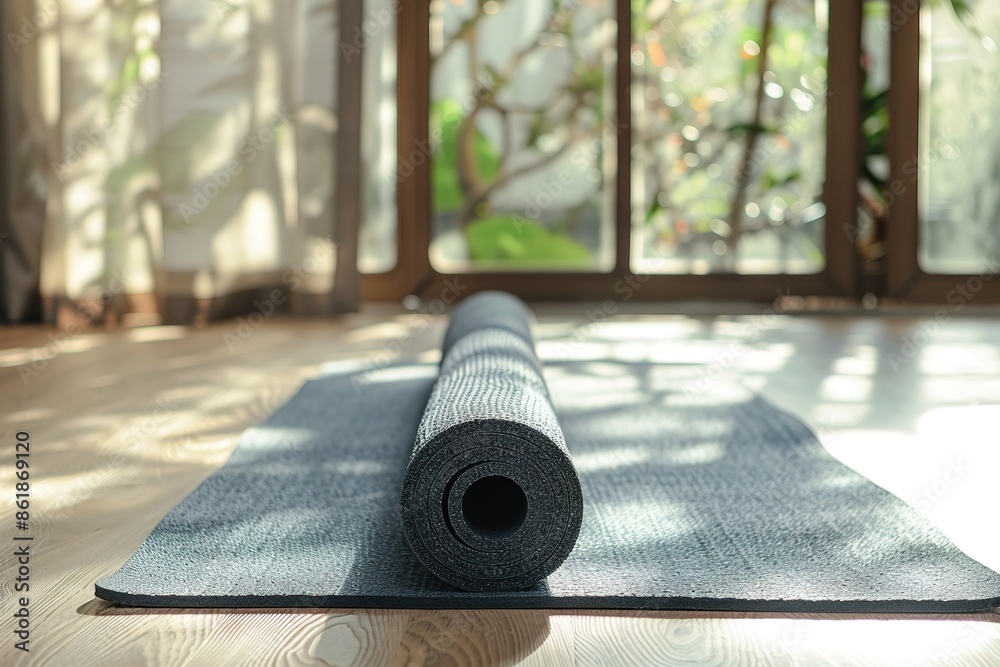 Unrolled grey yoga mat on floor in room Unrolled grey yoga mat on floor in room