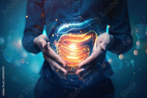 Two human hands are holds human stomach. Concept for medical, treatment of the digestive system. modern conceptual contemporary 3d elegant design on bright blue background. photo