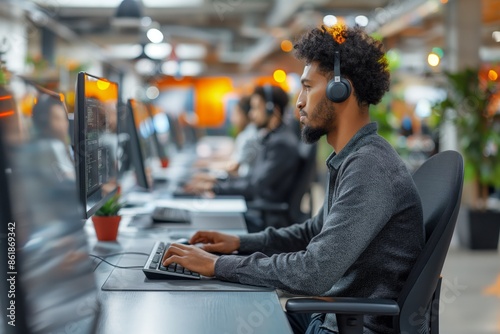 A developer with headphones focused on coding at a computer in a sleek, modern open office space, embodying concentration, technical skill, and the collaborative energy of tech environments.