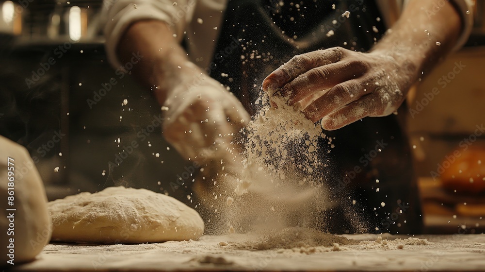 Close-up of a bakers hands dusting a dough ball with flour Close-up of a bakers hands dusting a dough ball with flour