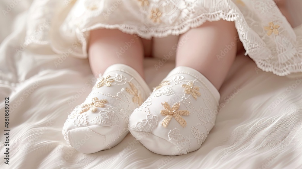 A close-up shot of a babys feet wearing white lace booties with delicate floral embroidery A close-up shot of a babys feet wearing white lace booties with delicate floral embroidery