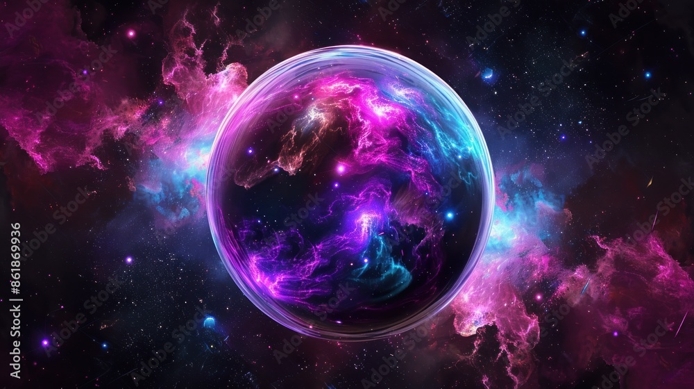 Fototapeta premium Cosmic Cloud Explosion in Transparent Sphere. generative AI image
