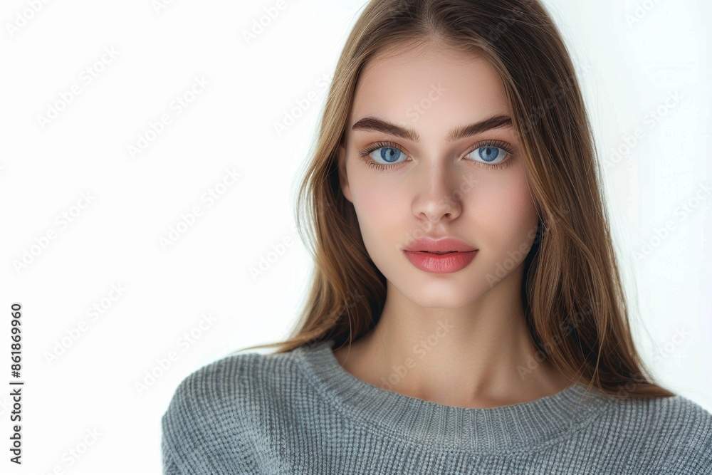 A contented lady alone against a white background A contented lady alone against a white background