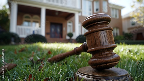 The image shows a close-up of a wooden gavel with a brown finish, resting on a grassy surface in front of a residential house with a white gutter photo