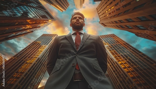 A confident man in a formal suit gazes up amidst tall, modern buildings during sunset, symbolizing ambition, success, and the towering challenges in the corporate world. photo