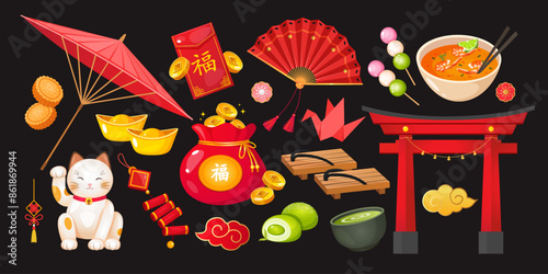 Asian culture symbols set with icons of national food, decorative things, accessories, architectural symbols. 
