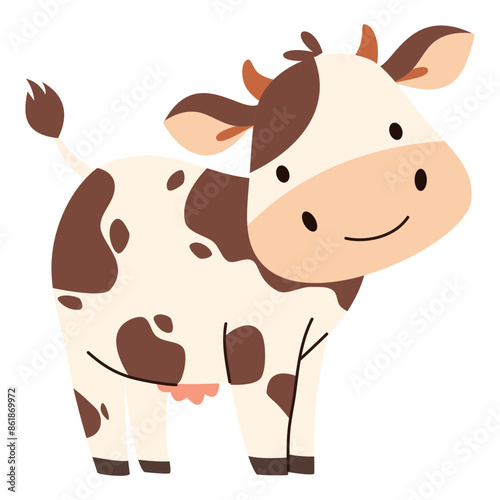 Flat vector illustration. Farm animals, cute cow on white background . Vector illustration