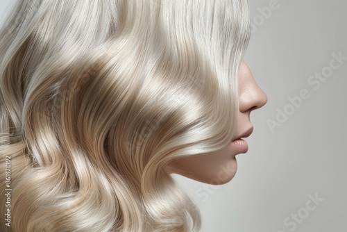 close-up of a young, blonde woman's flowing hair on a gray background. outcome of perming, highlighting, and coloring. Style and beauty