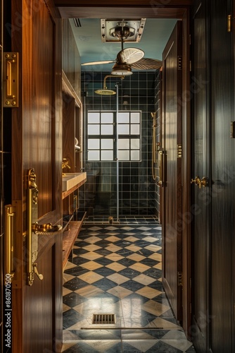 Gorgeous gold interior decor, little home bathroom with shower