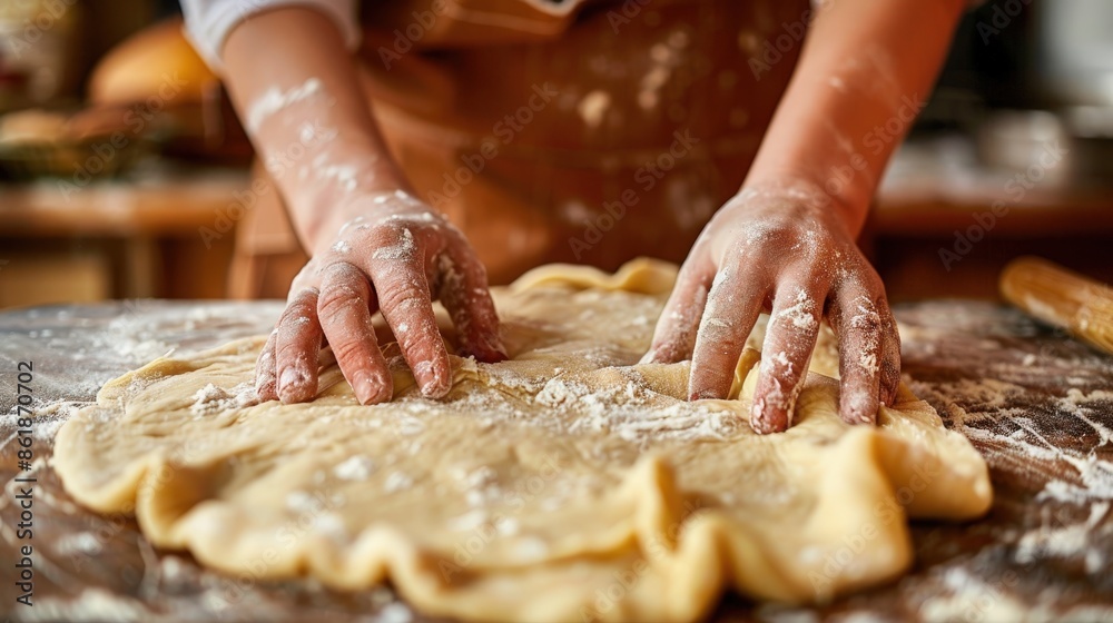 A bakers hands gently shape a piece of dough on a floured surface A bakers hands gently shape a piece of dough on a floured surface
