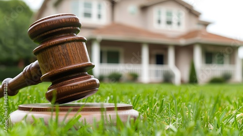 The image shows a close-up of a wooden gavel with a brown finish, resting on a grassy surface in front of a residential house with a white gutter photo