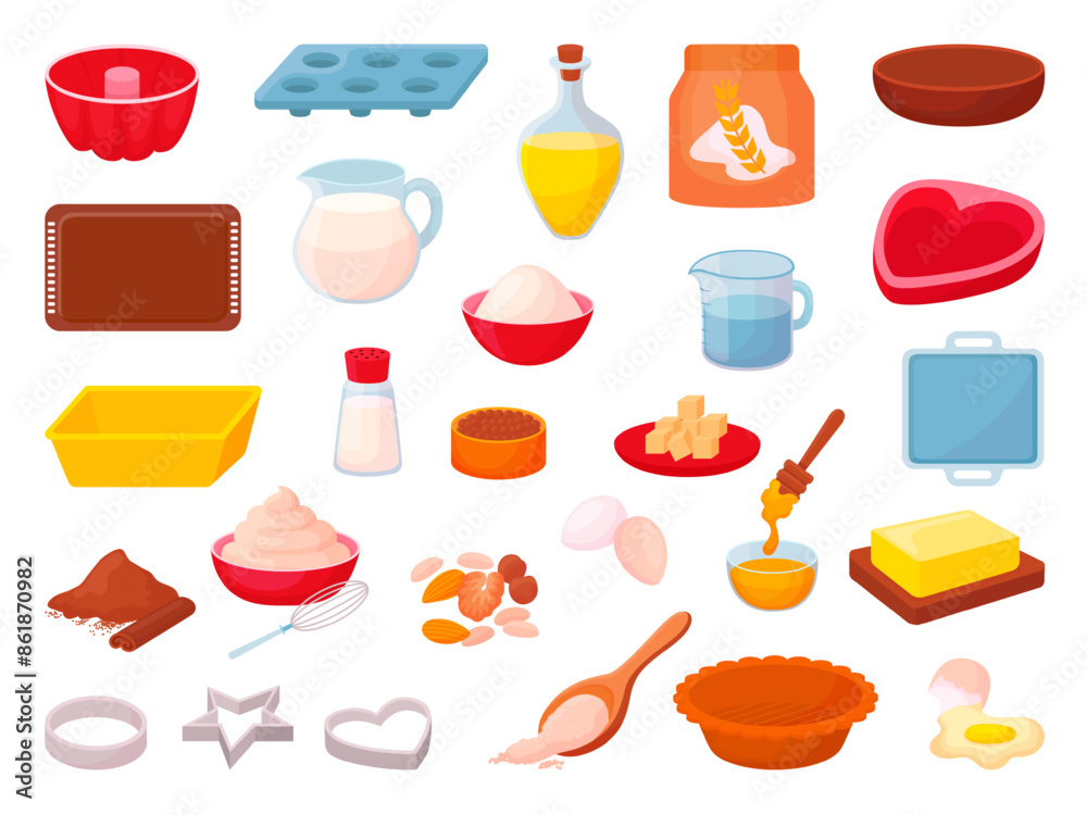 Cooking tools. Baking tray and ingredients, shapes for cookies. Raw food, butter flour sugar powder and oil. Milk and water in jugs, neoteric vector set Cooking tools. Baking tray and ingredients, shapes for cookies. Raw food, butter flour sugar powder and oil. Milk and water in jugs, neoteric vector set