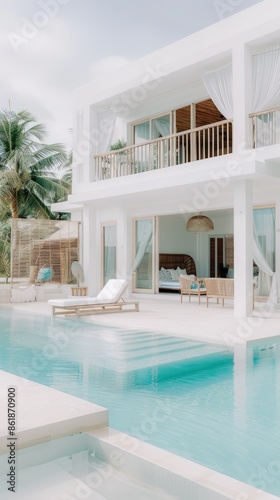 A modern, white villa with a large swimming pool and a palm tree in the foreground © lililia