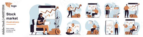Stock market concept with people scenes mega set in flat web design. Bundle of character situation with monitoring financial data, buy or sell with success investment strategy. Vector illustrations.
