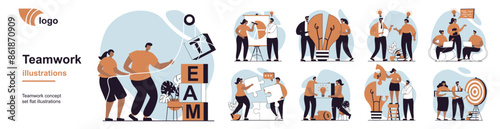 Teamwork concept with people scenes mega set in flat web design. Bundle of character situation with team working at project, brainstorming, targeting, achieve business goals. Vector illustrations.