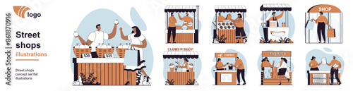 Street shops concept with people scenes mega set in flat web design. Bundle of character situation with small selling businesses of flowers, vegetables, fast food or coffee. Vector illustrations.