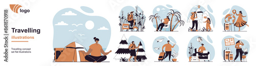 Travelling concept with people scenes mega set in flat web design. Bundle of character situation with travelers with luggage go on vacation, hiking, global travel, beach resort. Vector illustrations.