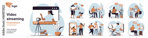 Video streaming concept with people scenes mega set in flat web design. Bundle of character situation with bloggers broadcast online, record podcasts, blog content creation. Vector illustrations.