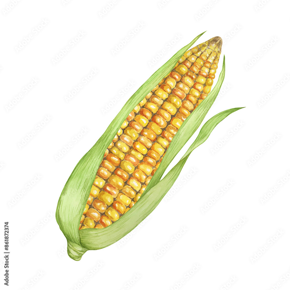 Corn, yellow golden cob with green husk in watercolor. Realistic illustration of Autumn harvest plant. Fresh produce clipart for farmers market, Thanksgiving decor for cards, invitations, label, menu Corn, yellow golden cob with green husk in watercolor. Realistic illustration of Autumn harvest plant. Fresh produce clipart for farmers market, Thanksgiving decor for cards, invitations, label, menu