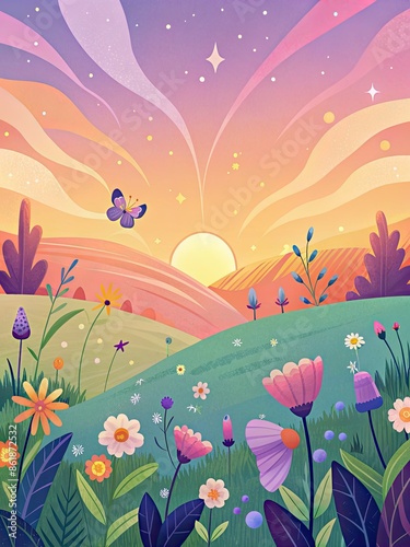 Sunrise over a vibrant meadow filled with flowers.