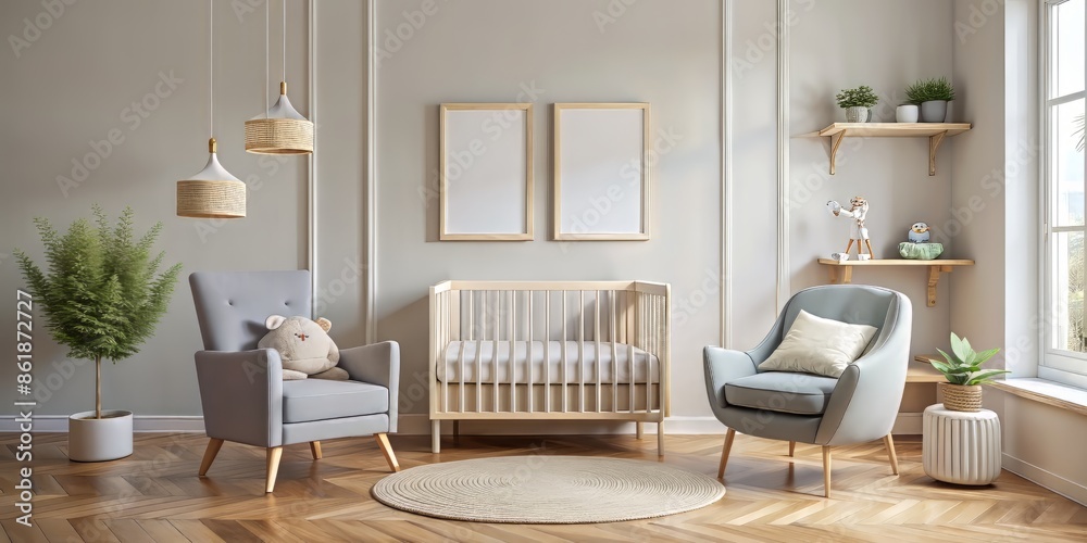 Fototapeta premium Modern Scandinavian-style child's room with empty vertical picture frame on white wall, cozy chair, and baby bed, providing ample copy space, in soft 3D rendering.