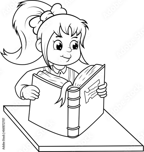 Chica leyendo un libro, ilustración vectorial sin color