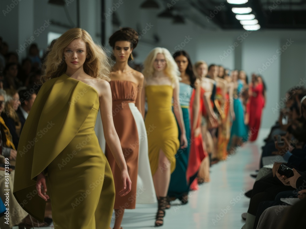 Fototapeta premium A runway of a group of women walking down the catwalk, AI