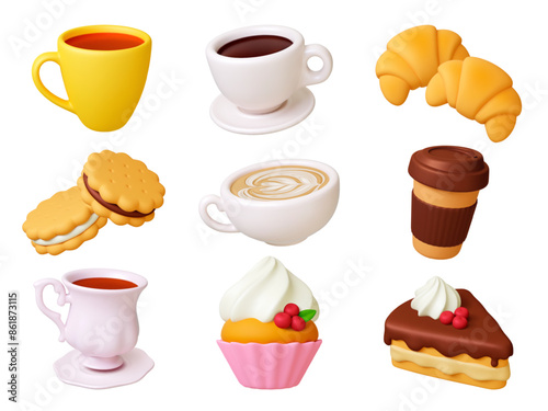 3d coffee and pastry. Tea cup, take away and cappuccino. Croissants and cookies, sweet cake desserts with cream and chocolate. Bakery shop pithy vector set