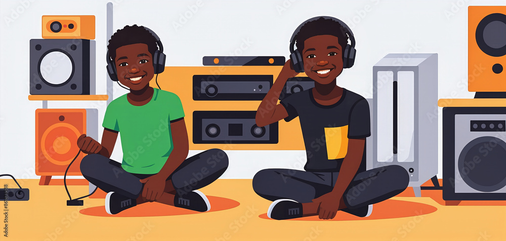 Illustrative image of a child sitting in a music room, enjoying and listening to music from a record player through headphones Illustrative image of a child sitting in a music room, enjoying and listening to music from a record player through headphones