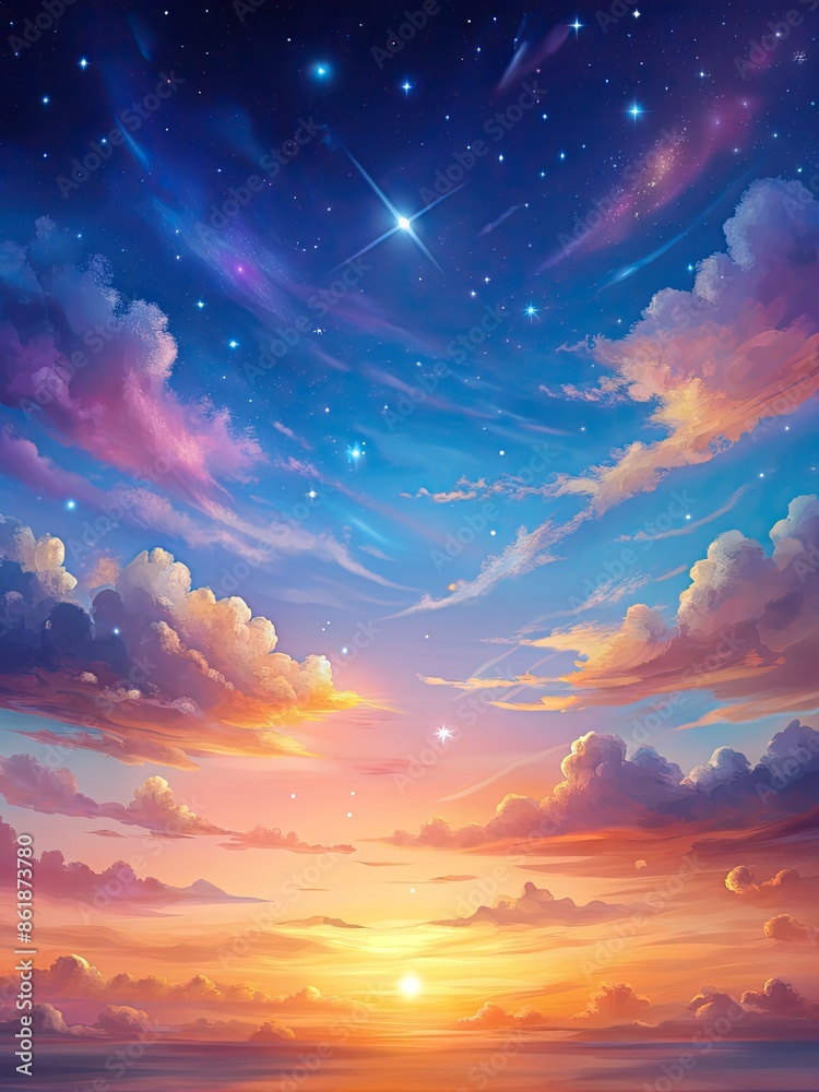 Fototapeta premium Sunset sky filled with vibrant hues over a tranquil sea.