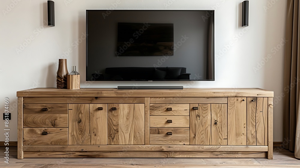The image shows a modern light wood entertainment center against a white wall with a flat-screen Tv drawers, and doors all with wooden handles The image shows a modern light wood entertainment center against a white wall with a flat-screen Tv drawers, and doors all with wooden handles
