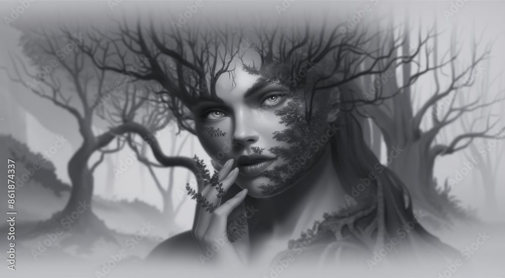 Fototapeta premium A black and white drawing of a woman with trees on her face, AI