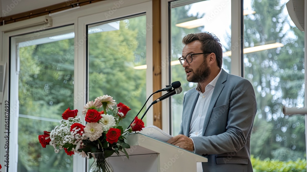 A man stands at a podium with a microphone in hand, speaking to an unseen audience. He is indoors, with windows overlooking a green outdoor space A man stands at a podium with a microphone in hand, speaking to an unseen audience. He is indoors, with windows overlooking a green outdoor space