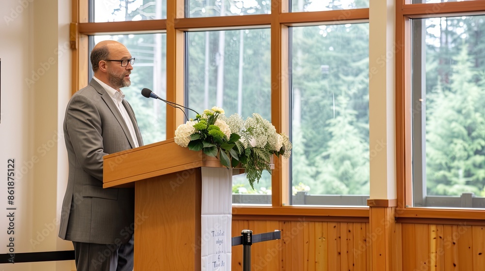 A man wearing a suit and glasses speaks at a podium in a room with large windows looking out onto a forested area A man wearing a suit and glasses speaks at a podium in a room with large windows looking out onto a forested area