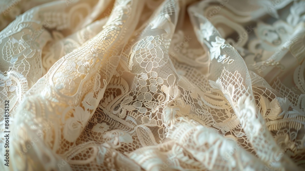 A close-up image showcasing the intricate floral pattern of delicate white lace fabric A close-up image showcasing the intricate floral pattern of delicate white lace fabric