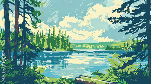 Risograph riso print national park poster illustration of Voyageurs, Minnesota, modern, isolated, clear, simple. Artistic, screen printing, stencil, stencilled, graphic design. Banner, wallpaper