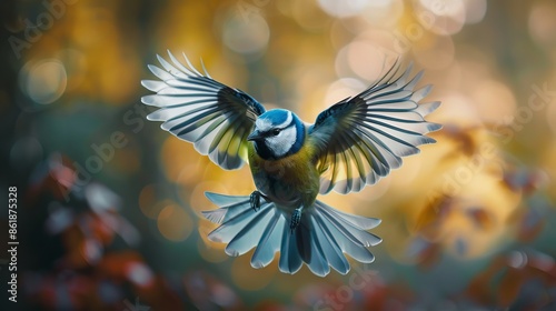A small bird called a Blue Tit with blue and yellow feathers is flying in Germany