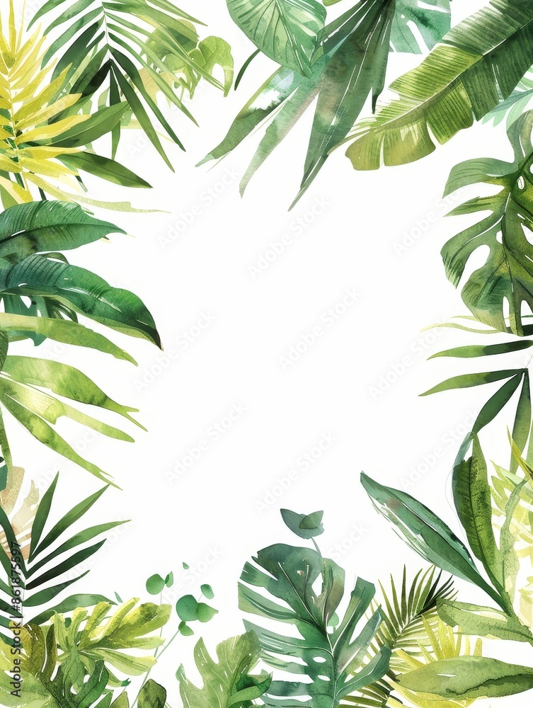 Handpainted tropical leaf frame with subtle floral details,featuring a watercolor palette and a refined,minimalist composition on a plain white backdrop.