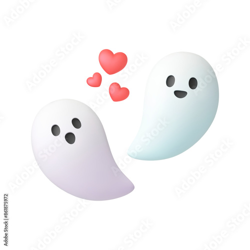 Funny 3d ghosts. Isolated ghost in love, phantoms with hearts card. Spooky halloween party cartoon characters. Realistic render vector elements