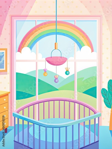 Nursery room with a rainbow mobile over a crib. © tnihousestudio