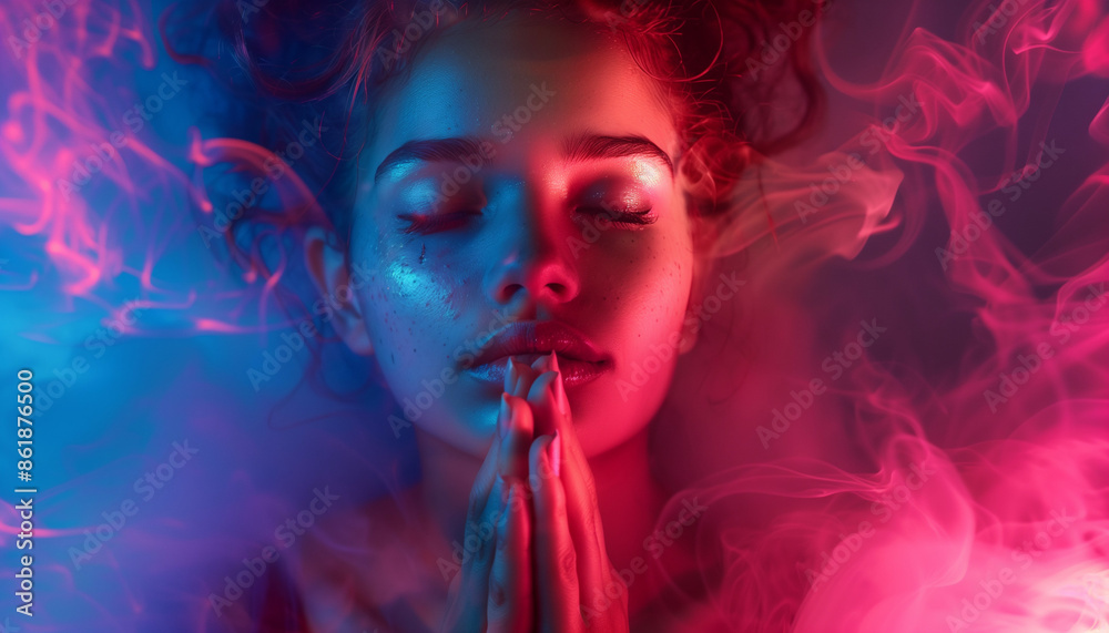 Obraz premium Meditative Woman in Neon Light and Colorful Smoke