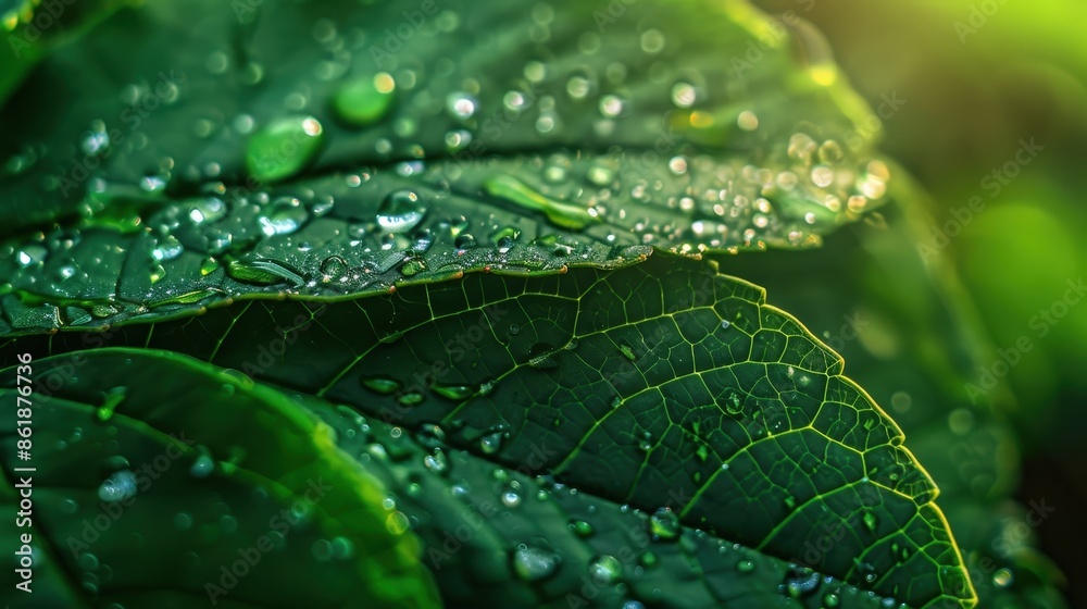 A close-up image of a green leaf with dew drops. The sunlight shines through the drops creating a beautiful and refreshing scene A close-up image of a green leaf with dew drops. The sunlight shines through the drops creating a beautiful and refreshing scene