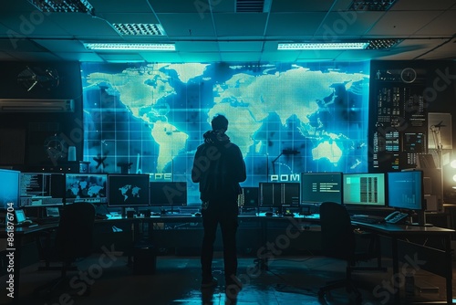 Cinematic office scene man surrounded by monitors and lights, world map illuminated in blue light