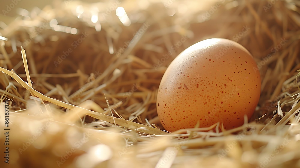 The image shows a single, light brown egg nestled in a bed of light brown straw The image shows a single, light brown egg nestled in a bed of light brown straw