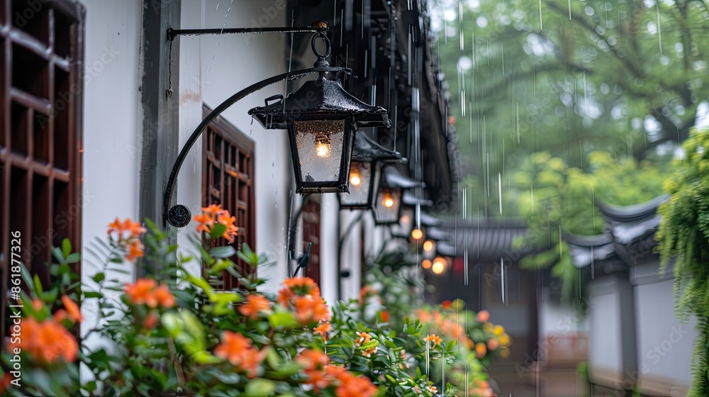 A row of lanterns with glowing lights illuminate a rainy Chinese garden, showcasing the beauty of nature during a downpour A row of lanterns with glowing lights illuminate a rainy Chinese garden, showcasing the beauty of nature during a downpour
