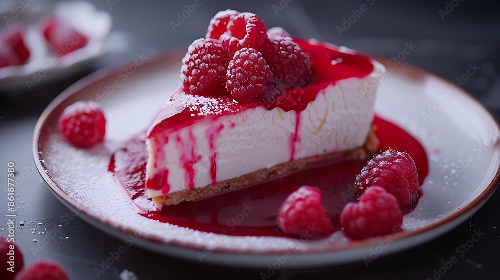 The image shows a slice of cheesecake with raspberry sauce. It appears to be a close-up shot with a focus on the texture and color of the cheesecake The image shows a slice of cheesecake with raspberry sauce. It appears to be a close-up shot with a focus on the texture and color of the cheesecake