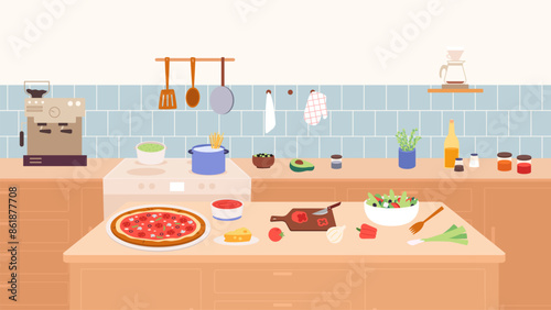 Italian dinner on home kitchen. Homemade pizza salad and pasta with cheese and tomato sauce. Coffee maker, food and vegetables, cooking process vector scene