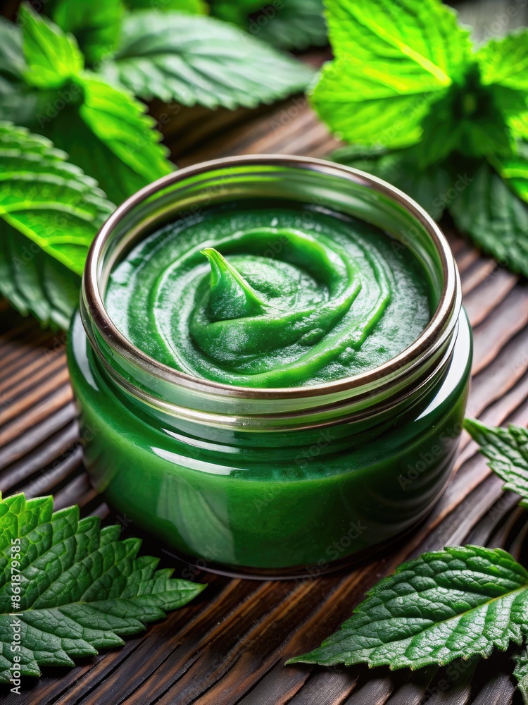 Refreshing jar of green mint gel with fresh leaves. Refreshing jar of green mint gel with fresh leaves.