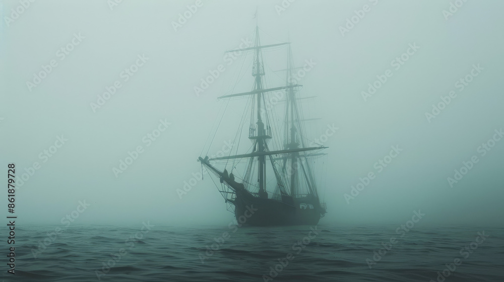 An old sailing ship emerges from dense fog on a calm, misty sea, creating an eerie and mysterious atmosphere under a muted, gray sky. An old sailing ship emerges from dense fog on a calm, misty sea, creating an eerie and mysterious atmosphere under a muted, gray sky.