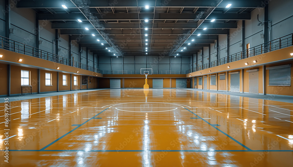 An indoor basketball court with polished floors and bright lighting. The clean, spacious environment makes it a perfect place for sports events and practice sessions. An indoor basketball court with polished floors and bright lighting. The clean, spacious environment makes it a perfect place for sports events and practice sessions.
